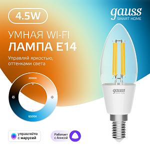 Лампа Gauss Smart Home Filament С35 4,5W 495lm 2000-6500К E14 изм.цвет.темп.+дим. LED 1/10/40