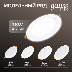 Светильник Gauss Basic Downlight круг 18W 1600lm 4000K 170-260V IP20 170*26 белый LED 1/60