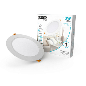 Светильник Gauss Basic Downlight круг 18W 1600lm 4000K 170-260V IP20 170*26 белый LED 1/60