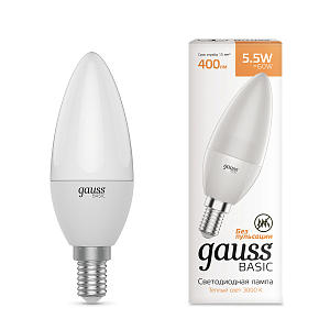 Лампа Gauss Basic Свеча 5,5W 400lm 3000K E14 (3 лампы в упаковке) LED 1/40