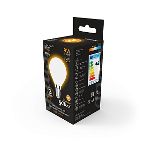 Лампа Gauss Filament Шар 9W 590lm 3000К Е14 milky LED 1/10/50