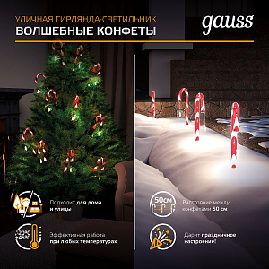 Светильник новогодний Gauss Holiday " Волшебные конфеты",комплект из 8 штук, IP44 мультицвет LED 1/8