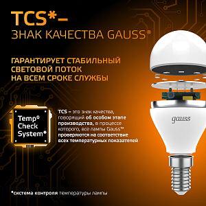 Лампа Gauss Шар 6.5W 520lm 3000K E14 LED 1/10/100