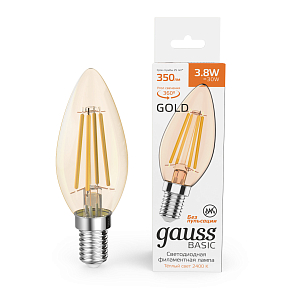 Лампа Gauss Basic Filament Свеча 3,8W 350lm 2400К Е14 golden LED 1/10/50