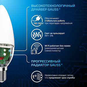 Лампа Gauss Свеча 9.5W 950lm 6500К E14 LED 1/10/100