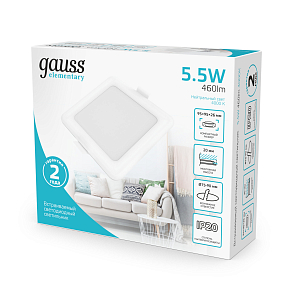 Светильник Gauss Elementary Downlight квадрат 5,5W 460lm 4000K 170-260V IP20 95*26 белый LED 1/100