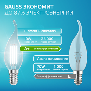 Лампа Gauss Filament Elementary Свеча на ветру 10W 670lm 4100К Е14 LED 1/10/100