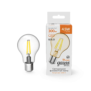 Лампа Gauss Basic Filament А60 4,5W 300lm 2200К Е27 golden LED 1/10/40