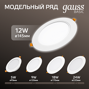Светильник Gauss Basic Downlight круг 12W 1000m 4000K 170-260V IP20 145*26 белый LED 1/60