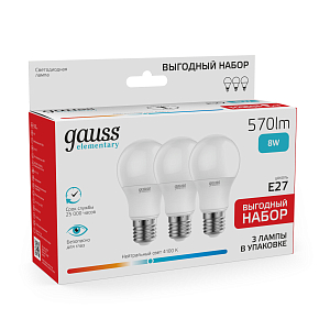 Лампа Gauss Elementary A60 8W 570lm 4100K E27 (3 лампы в упаковке) LED 1/30