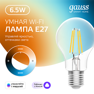Лампа Gauss Smart Home Filament А60 6,5W 806lm 2000-6500К E27 изм.цвет.темп.+дим. LED 1/10/40