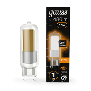 Лампа Gauss G9 AC220-240V 5.5W 480lm 3000K стекло LED 1/10/200