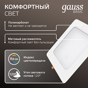 Светильник Gauss Basic Downlight квадрат 24W 2100lm 4000K 170-260V IP20 220*26 белый LED 1/40