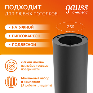 Светильник Gauss Overhead накл цил 12W 900lm 3000K 170-240V IP20 79*200мм черный LED 1/10