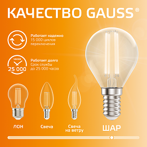 Лампа Gauss Filament Elementary Шар 8W 510lm 2700К Е14 LED 1/10/100