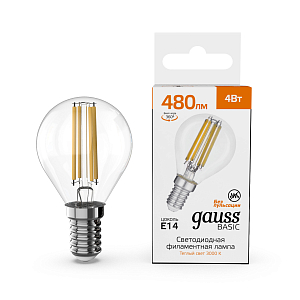 Лампа Gauss Basic Filament Шар 4W 480lm 3000K E14 LED 1/10/50