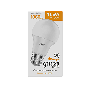 Лампа Gauss Basic A60 11,5W 1060lm 3000K E27 LED 1/10/50
