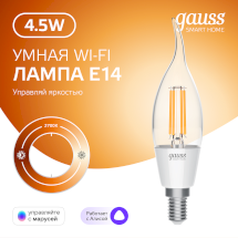 Лампа Gauss Smart Home Filament СF35 4,5W 495lm 2700К E14 диммируемая LED 1/10/40